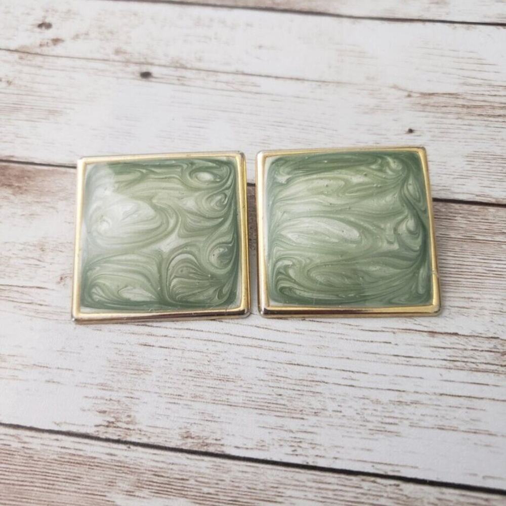 Vintage Clip On Earrings - Swirly Green Large Square Statement